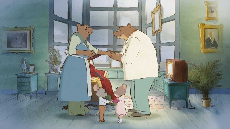 Madame Tulipe (li.) ist Ernest (re.) zuvorgekommen mit dem Besuch von Ernestine. Aber Bären und Mäuse können sich auch so gut verstehen. – Bild: ZDF/​2021 Folivari/​So-Nord/​RTBF