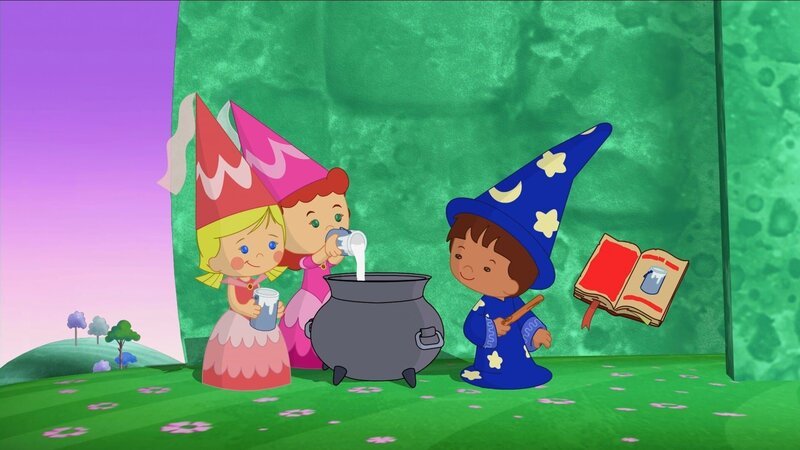 Zoé und Tanja mischen mit Zauberer Finns Hilfe aus dem großen Zauberbuch rosa Farbe. – Bild: KiKA