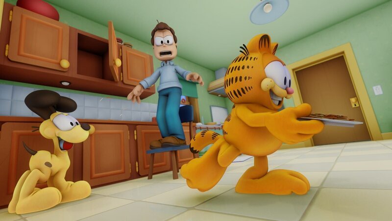 Jon, Garfield und Odie sind schnell schwer entnervt von Doug Boys Anwesenheit. – Bild: HR/​Dargaud Media/​MediaToon/​Paws Inc./​France 3