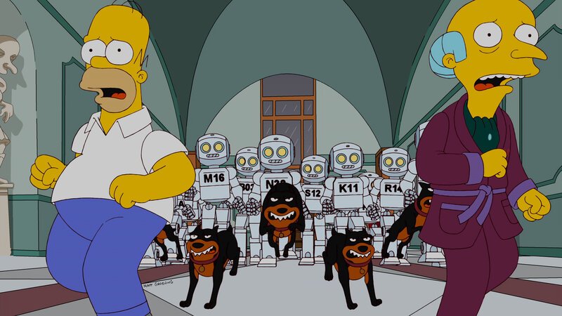Mr. Burns (r.) plant, seine Angestellten durch Roboter zu ersetzen, damit das Kernkraftwerk effektiver läuft. Die einzige menschliche Arbeitskraft, die verbleibt, ist Homer (l.), denn einen Angestellten aus Fleisch und Blut braucht Mr. Burns, um ihm im Falle eines Störfalles die Schuld in die Schuhe schieben zu können … – Bild: Dieses Bild darf ausschließlich zur Programmankündigung, nicht zur sonstigen redaktionellen Berichterstattung verwendet werden.
