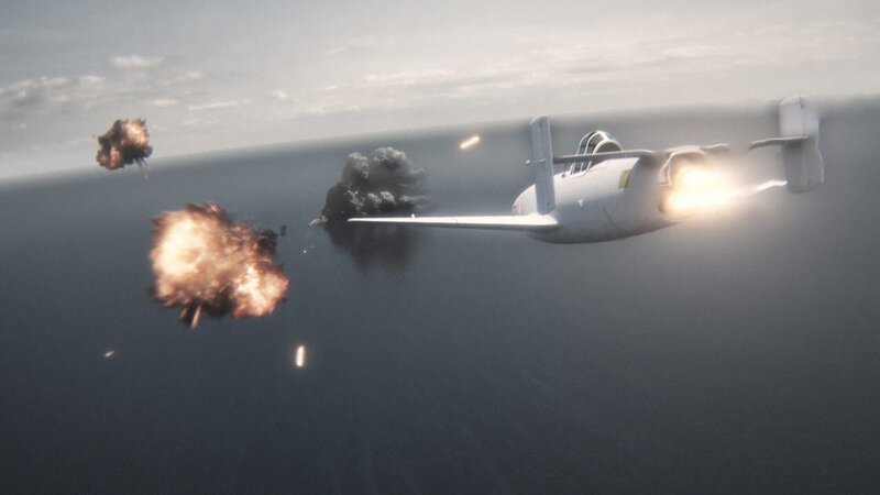 Ohka hurtles towards aircraft carrier with explosions littering the sky. – Bild: National Geographic Channels /​ DSP