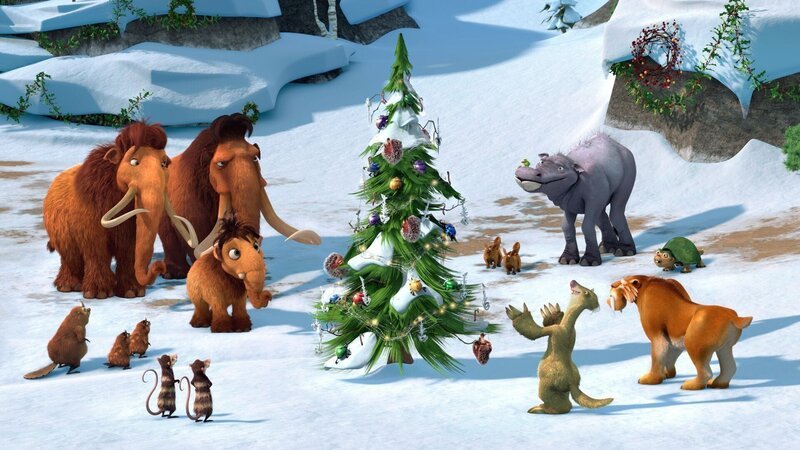 V.l.: Manny, Ellie, Peaches, Eddie, Crash, Sid und Diego freuen sich auf ein schönes Weihnachtsfest. – Bild: RTL