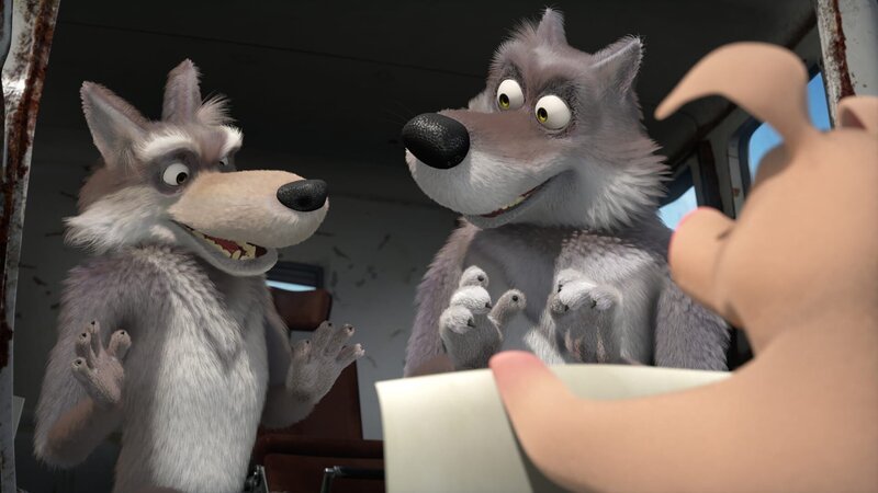 Die Wölfe lassen sich überreden, die Aufgaben des Schweins zu übernehmen. – Bild: KiKA/​Animaccord LTD