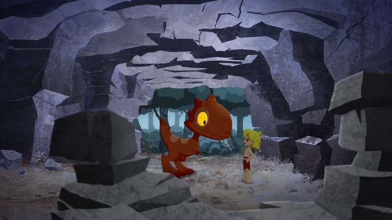 Tumtum will seinen Freund Tib beschützen und bringt ihn zur Sicherheit in eine Höhle im Wald. – Bild: KiKA