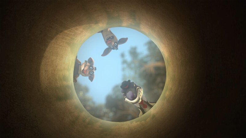 Cranky, Bandi und Curt entdecken den Tunnel, durch den Blinky und seine Freunde geflohen sind. – Bild: „Bild: Studio 100 Media /​ Flying Bark