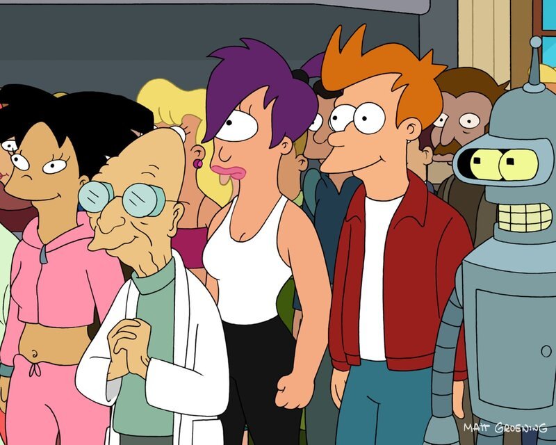 Vorne, v.li.: Amy, Professor Farnsworth, Leela, Fry, Bender – Bild: 2003 Twentieth Century Fox Film Corporation. All rights reserved. Lizenzbild frei