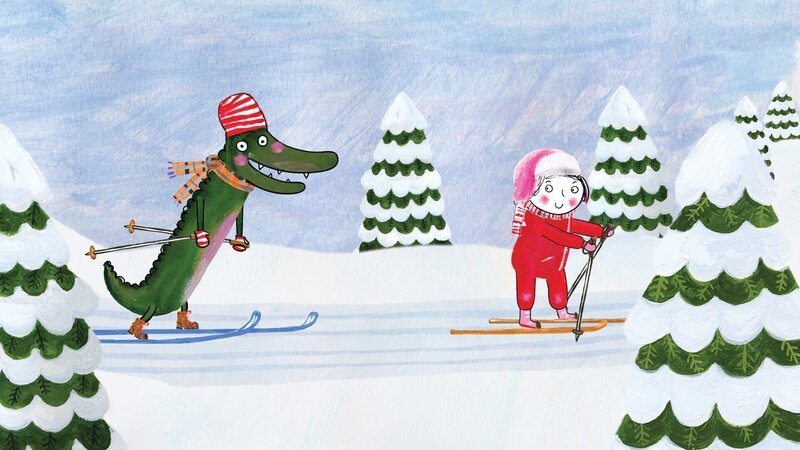 Das Krokodil lernt Ski laufen, natürlich von Rita. – Bild: rbb/​dansk tegnefilm
