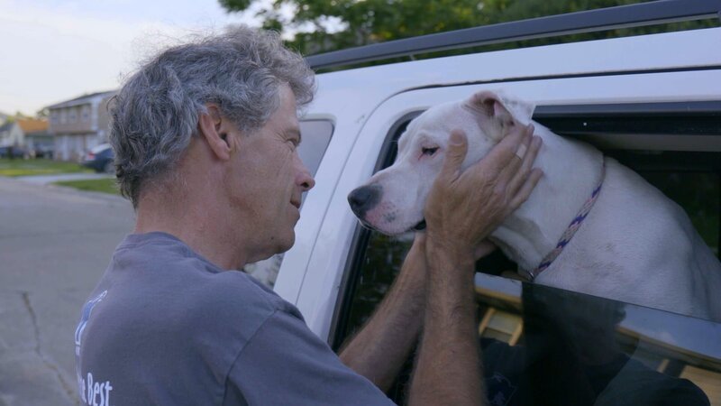 Mark saying goodbye to the white dog (Timberlake). – Bild: Animal Planet /​ Discovery Communications, LLC