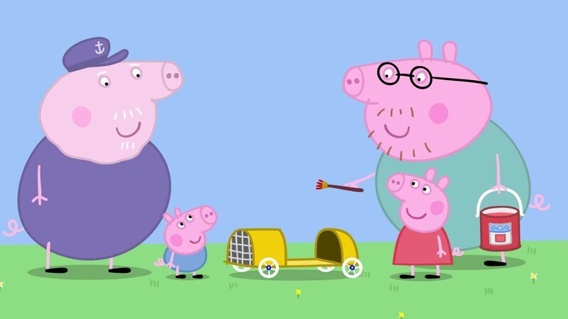 v.li.: Grandpa Pig, George Pig, Peppa Pig, Daddy Pig – Bild: TVNOW
