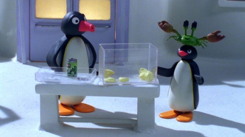 Guetnachtgschichtli Pingu Staffel 6 Folge 13 Pingu – Der Schul-Krebs Pingu mit dem Krebs auf dem Kopf. Copyright: SRF/​Joker Inc., d.b.a., The Pygos Group – Bild: SRF/​Joker Inc.