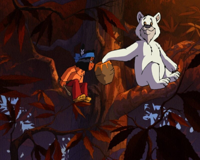 Yakari trifft beim Honigsuchen im Wald auf seinen Freund, den weißen Bären Schneeball. – Bild: KI.KA/​Storimages