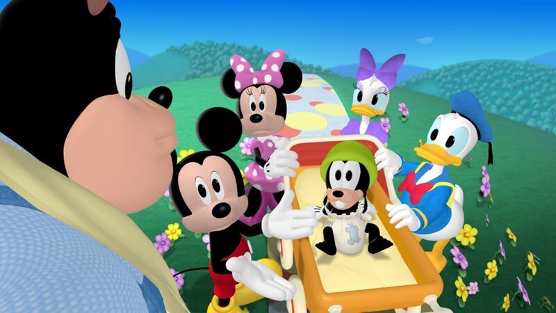Goofy hat es getan: Er ist mit Hilfe einer Zeitmaschine in die Zeit der Ritter gereist. Blöd nur, dass irgendetwas schief läuft und Goofy als Baby zurückkehrt. (V.li.n.re.: Karlo, Micky, Minnie, Goofy, Daisy, Donald) – Bild: Disney /​ © 2013 The Walt Disney Company Germany