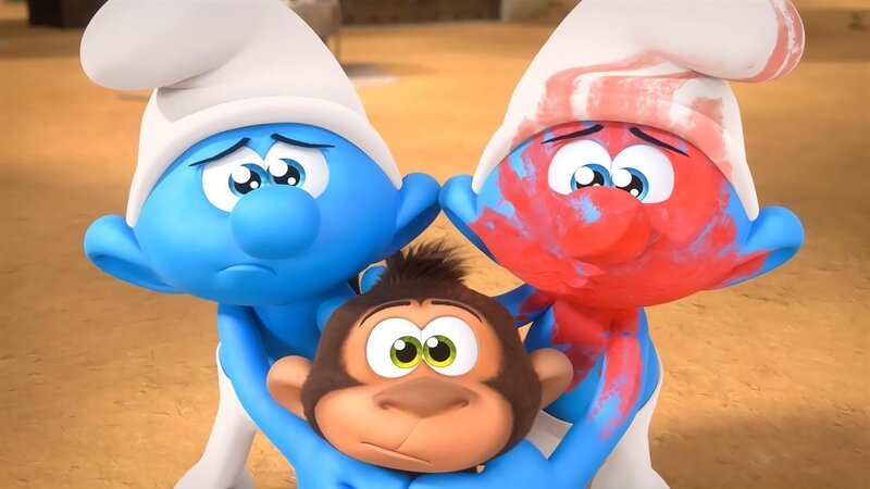 Traurig erfahren Dummi und Clumsy, dass sie Monkey zurückgeben müssen. – Bild: KiKA/​Peyo Productions, Dupuis Édition & Audiovisuell 2020