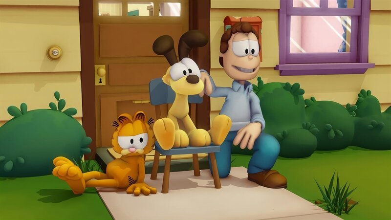 Garfield, der gefräßige, faule Kater, der am liebsten gelangweilt vor dem Fernseher sitzt oder sich eine Extraportion Lasagne einverleibt, lebt noch immer im Hause von Jon Arbuckle mit seinem Hundefreund Odie. – Bild: HR/​DARGAUD MEDIA/​KiKA