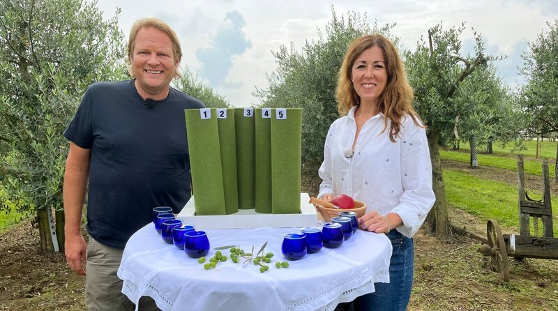 Olivenölexpertin Carmen Sánchez García zeigt Björn Freitag, wie Olivenöl professionell verkostet wird. – Bild: WDR/​Joshua Stolz/​solis TV