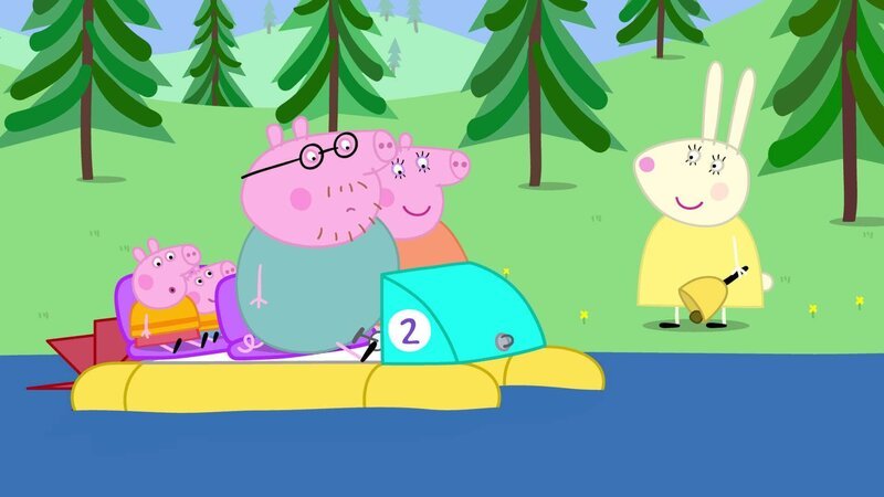 v.li.: Peppa Pig, George Pig, Daddy Pig, Mummy Pig, Miss Rabbit – Bild: RTL