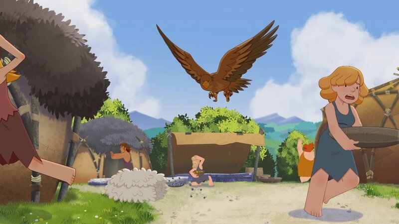 Der Adler verfolgt Lad und seine Bande bis ins Dorf, wo er die Bewohner in Angst und Schrecken versetzt. – Bild: KiKA/​hr/​TF1/​GO-N Productions
