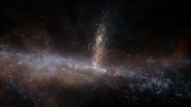 Der Sagittarius-Strom umkreist die galaktische Scheibe der Milchstraße mit einem spektakulären Schweif. Er besteht aus den Überresten einer Zwerggalaxie, die mit der Milchstraße kollidierte. – Bild: ZDF und BBC Studios 2021./​BBC Studios 2021