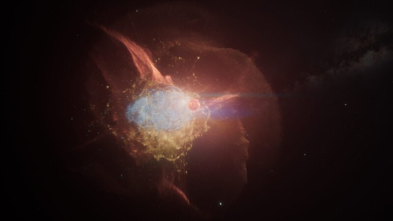 Supernovae vom Typ 1a explodieren alle auf die gleiche Weise und mit der gleichen Helligkeit. So können sie uns Hinweise darauf geben, wie sich das Universum entwickelt hat. – Bild: ZDF und BBC Studios 2021./​BBC Studios 2021