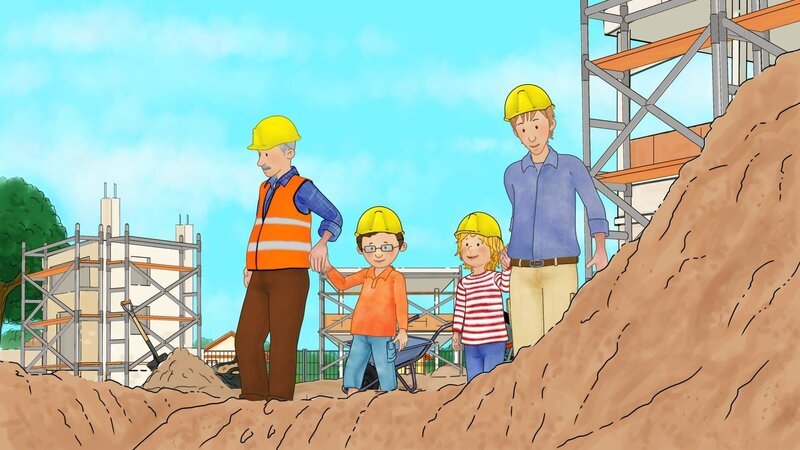 Papa nimmt Conni und Simon mit zu einer Baustelle. – Bild: ZDF/​Henning Windelband/​Youngfilms GmbH