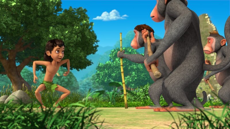Mogli versucht die Affen zu überzeugen, ihn auch auf ihre Party einzuladen. Aber die Affen bleiben stur, sie wollen ihre Party allein feiern. – Bild: KiKA