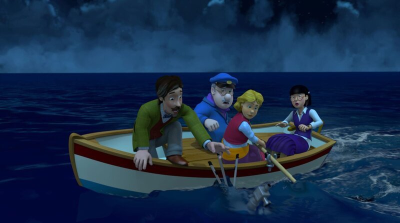 Professor Pickles, Gareth, Gwendolyn und Frau Chen sind mit einem Boot aufs Meer gefahren. Sie hoffen, dass dort weniger Wolken die Sicht auf den Mond versperren. Doch ohne Teleskop wird es schwierig, den Mond zu beobachten. – Bild: KiKA/​Prism Art & Design Limited