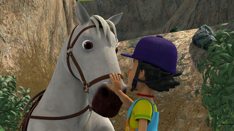 Pferde spüren die Gefühle ihrer Reiter sehr genau. Das Tier hat Mandys Angst gespürt, doch sie schafft es das Pferd zu beruhigen. – Bild: KiKA/​Prism Art & Design Limited