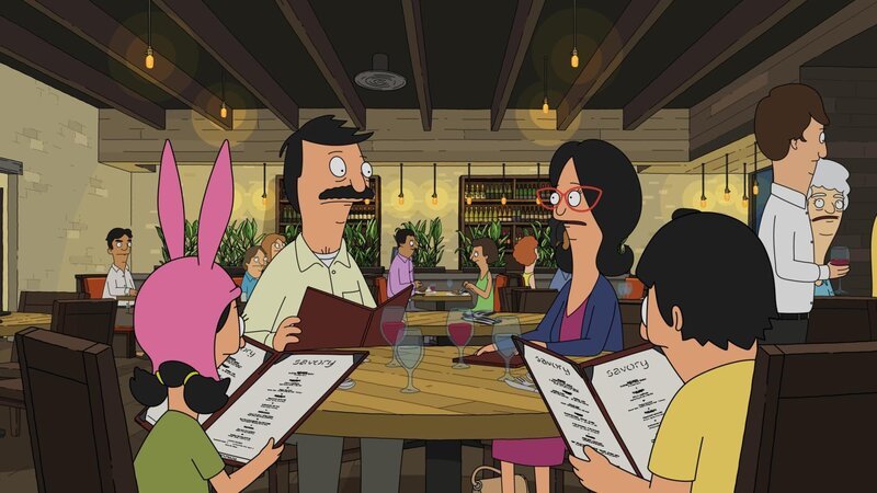 Tina launches a babysitting enterprise and it is quickly derailed by her nemesis, Tammy (guest voice Jenny Slate). Meanwhile, Bob and Linda check out heir competition at a restaurant in the „Sit Me Baby One More Time“ episode of Bob’s Burgers. Pictured, l-r: Louise, Bob, Linda, Gene. – Bild: Comedy Central