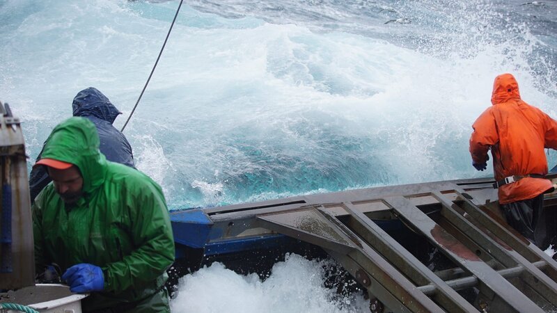 Cold, blue waters meet the crew at the rail of the northwestern. – Bild: Discovery Channel /​ Discovery Communications