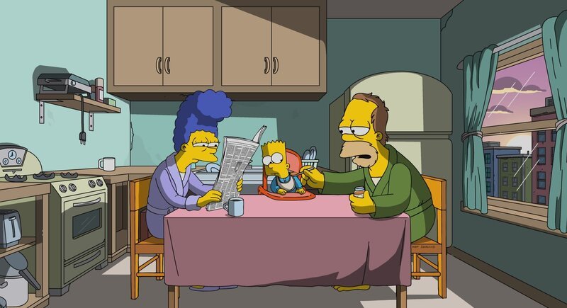 Marge (l.) und Homer (r.) erinnern sich mit Wehmut an ihre Zeit ohne Kinder und die riesigen Veränderungen, die Barts (M.) Geburt mit sich gebracht hat … – Bild: 2017–2018 Fox and its related entities. All rights reserved. Lizenzbild frei