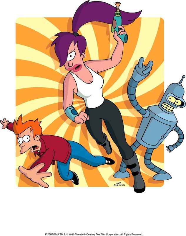 (6. Staffel) – Mit seinen neuen Freunden Leela (M.) und Roboter Bender (r.) erkundet Fry (l.) den Weltraum. – Bild: und TM Twenthieth Century Fox Film Corporation – Alle Rechte vorbehalten Lizenzbild frei