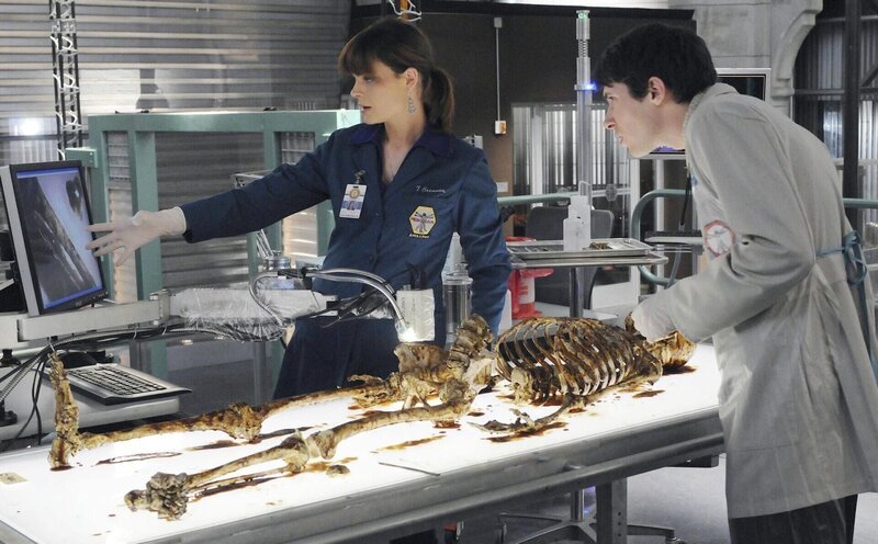 Brennan (Emily Deschanel) und Vincent Nigel-Murray (Ryan Cartwright) untersuchen die sterblichen Überreste einer Frau, die in einer ausgestellten Riesenschokolade einer Schokoladenfabrik gefunden wurde. +++ – Bild: RTL /​ Fox /​ Die Schöne in der Schokolade