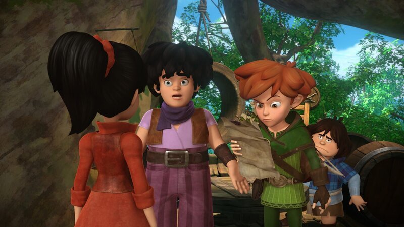 Scarlett zeigt Little John, Robin Hood und Tuck das Erpresserschreiben. Marian wurde auf dem Weg zu Robin von Banditen überfallen. – Bild: ZDF und 2014 Method Animation