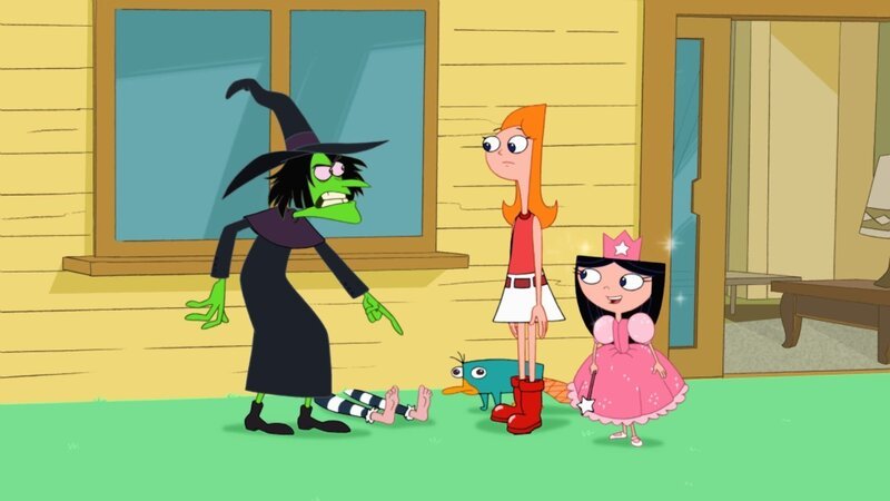PHINEAS AND FERB – „Wizard of Odd“ -- In order to paint their house quickly, Phineas and Ferb build a contraption that spins it around, causing Candace to become so dizzy, she collapses. She soon finds herself in the magical land of Odd where their friends Isabella, Dr. Doofenshmirtz, Jeremy, Buford and Baljeet are remarkably like the characters in L. Frank Baum’s book „The Wizard of Oz.“ When Candace follows the yellow brick sidewalk to Bustopolis (to find the Wizard who can help her finally bust her brothers), things aren’t what they seem, in an episode of the Emmy Award-winning hit series „Phineas and Ferb“ premiering FRIDAY, SEPTEMBER 24 (8:30–9:00 p.m., ET/​PT) on Disney Channel. (DISNEY XD) DR. DOOFENSHMIRTZ, PERRY THE PLATYPUS, CANDACE, ISABELLA – Bild: Disney