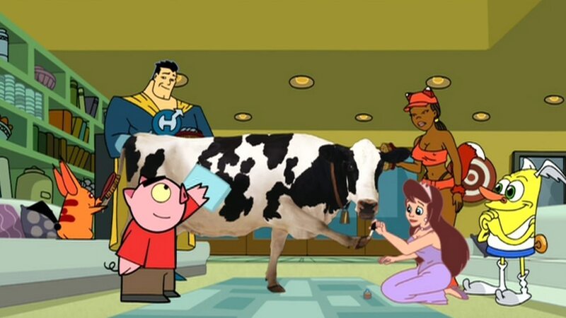 L-R: Ling-Ling, Captain Leslie Hero, Spanky Ham, cow, Princess Clara, Foxxy Love, Wooldoor Jebediah Sockbat – Bild: ViacomCBS