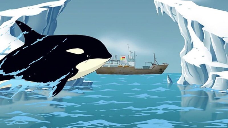 Ein Killerwal greift das Forschungsschiff an, auf dem die Stiltons in die Antarktis fahren. Warum? – Bild: HR/​Atlantyca Entertainment/​Moonscoop/​M6/​RAI Fiction