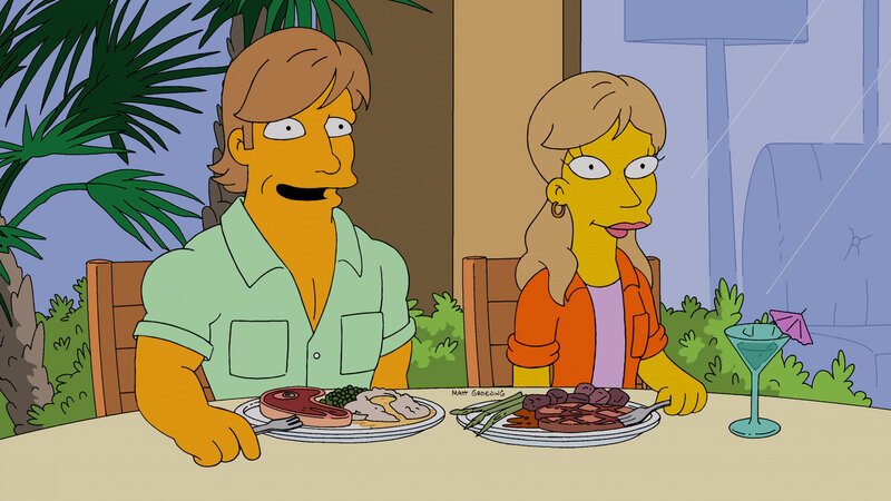 Homer und Marge machen sich auf die Suche nach einem Paar, das bereit ist, die Vormundschaft für ihre Kinder zu übernehmen, falls ihnen etwas zustoßen sollte. Doch sind Mav (l.) und Portia (r.) wirklich die richtigen dafür? – Bild: Dieses Bild darf ausschließlich zur Programmankündigung, nicht zur sonstigen redaktionellen Berichterstattung verwendet werden.