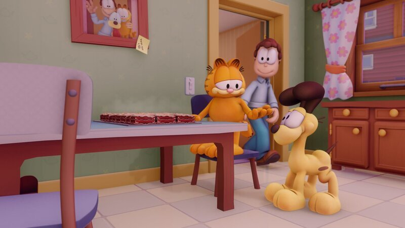 Solange Lasagne im Haus ist, ist für Garfield die Welt in Ordnung. – Bild: HR/​Dargaud Media/​MediaToon/​Paws Inc./​France 3