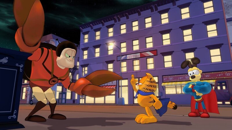 Garfield und Odie beschließen Superhelden zu werden. „Der Rächer mit dem Umhang“ und sein treuer Gefährte „Schlabberzunge“ beschützen nun die Stadt. – Bild: HR/​DARGAUD MEDIA