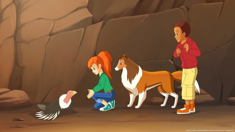 Zoe (li.), Lassie und Harvey (re.) haben einen verletzten Kondor entdeckt. – Bild: ZDF/​Classic Media/​DC Entertainment/​Superprod