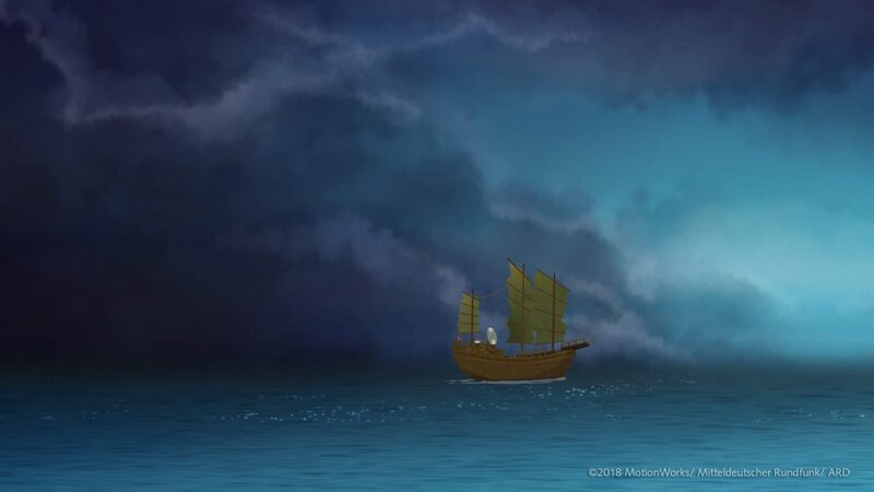 Das Schiff flieht vor einem Unwetter. – Bild: KiKA