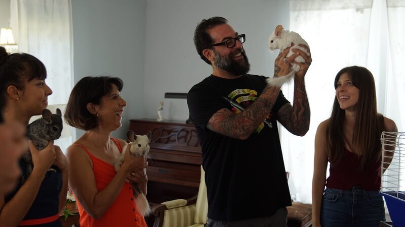 Antonio Ballatore holds up Giuseppe the chinchilla while the Diazes Lizzy, Lisa, and Jacquelyn laugh. – Bild: Tim Ronca /​ Animal Planet /​ Discovery, Inc.