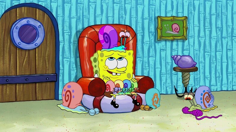 Gary (l.), Esmerelda (r.). Mitte: SpongeBob, Baby snails, Snail mom – Bild: ViacomCBS