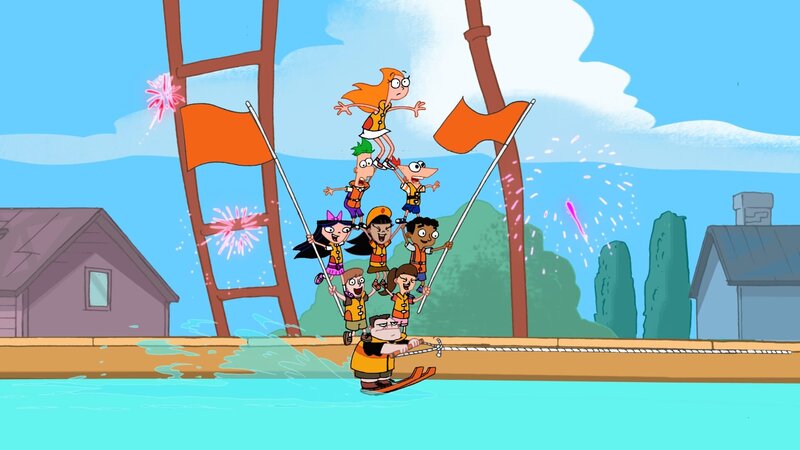 First from top: Candace Flynn, second from top: Ferb Fletcher, third from top: Phineas Flynn, fourth  from top: Isabella Garcia-Shapiro, sixth from top:  Baljeet Tjinder, first from bottom: Buford Van Stomm – Bild: 2008 DISNEY CHANNEL.  All rights reserved.  NO ARCHIVING. NO RESALE.