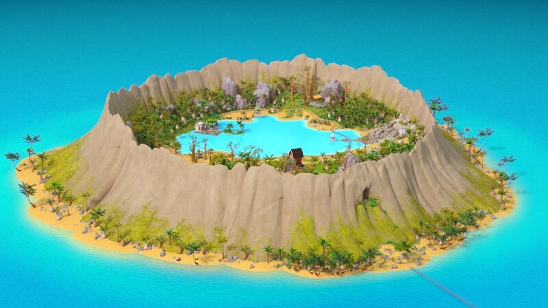 Auf dieser paradiesischen Vulkaninsel lebt die Zoobande. – Bild: ZDF/​Gaumont Animation/​PP Animation III Inc.