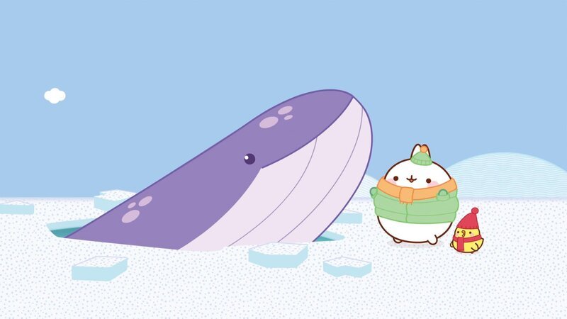 Molang und Piu Piu sind auf einer Eischolle, als sie einen Wal entdecken. – Bild: „Bild: hr/​Millimages