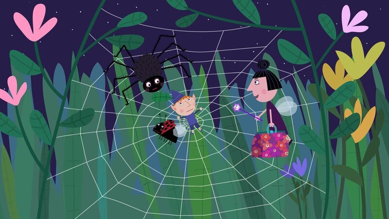 Als Ben Nanny Plum nachts begleiten darf, verfängt er sich in einem Spinnennetz. – Bild: ZDF/​Astley Baker Davies Ltd/​Rubber Duck Entertainment 2008