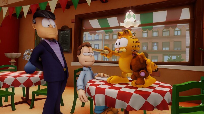 Der Industrielle Mr. Allwork spricht Jon an, da er sich Garfields Teddy Pooky ausleihen möchte, um Duplikate von Pooky herzustellen. – Bild: HR/​DARGAUD MEDIA