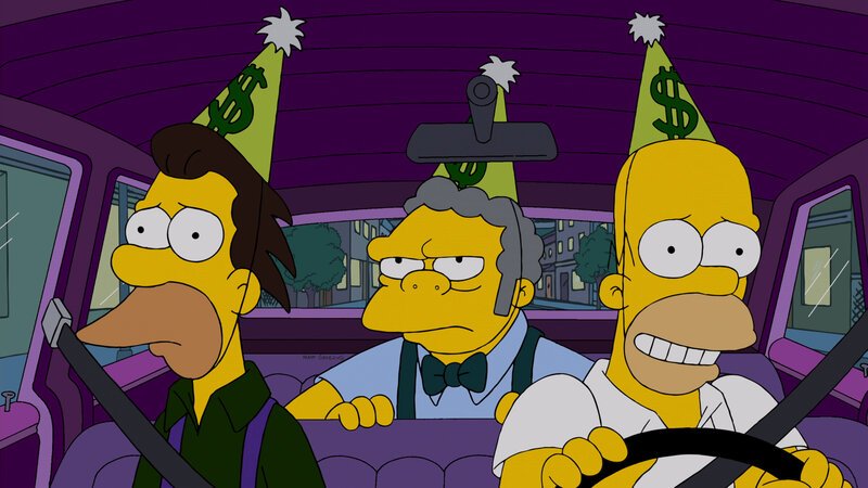 Homer (r.), Moe (M.), Carl und Lenny (l.) haben den Jackpot der wöchentlichen Ziehung der Springfield-Lotterie geknackt. Doch als Carl, der das Geld abholen wollte, nach mehreren Stunden nicht auftaucht, werden die Männer plötzlich nervös … – Bild: Dieses Bild darf ausschließlich zur Programmankündigung, nicht zur sonstigen redaktionellen Berichterstattung verwendet werden.