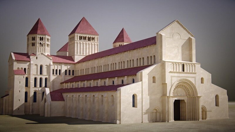 Die fünfschiffige Basilika war 187 Meter lang und hatte sieben Türme. Im Zuge der Französischen Revolution wurde die Abtei aufgelöst und das Gebäude als Steinbruch genutzt. – Bild: ZDF und RMC Production./​RMC Production